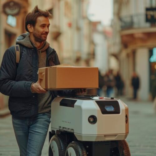 close-up shot, delivery robot delivers a package to a happy man , summer ,in the style of joyful and optimistic,, Shot using a Hasselblad camera, ISO 100. Professional color grading. Crystal clear feel. Soft shadows. Clean sharp focus. High - end retouching. magazine photography. Award winning photography. Advertising photography. Commercial photography --ar 3:2 --stylize 278 --v 6 Job ID: 78bedbf6-3174-4c3b-9c90-87d12fec4c51